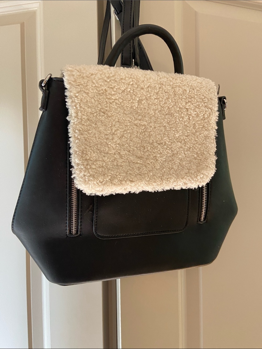 Black Backpack with Cream Sherpa Flap